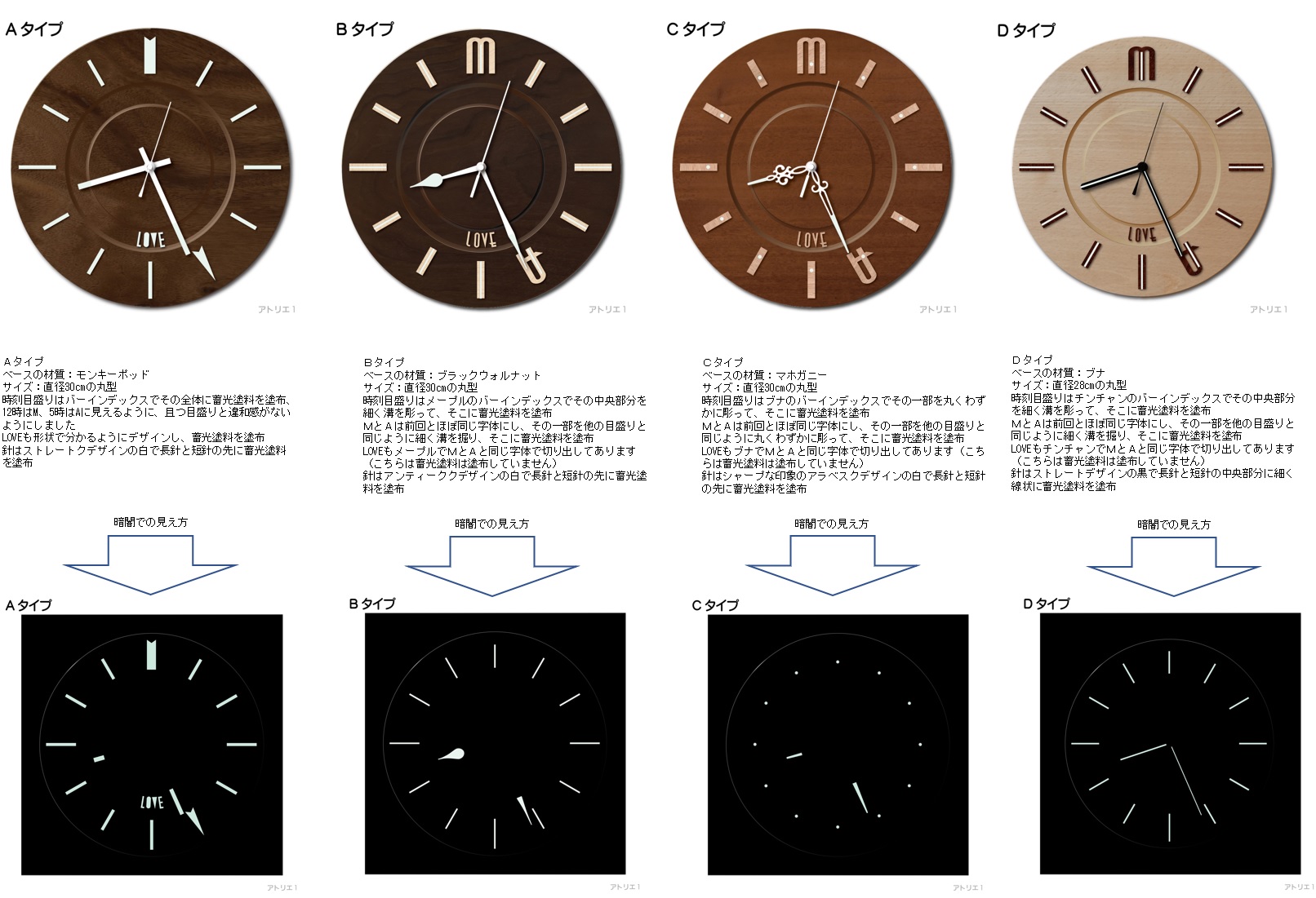 アンティーク丸い掛け時計ハートの針