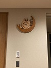 二羽のふくろうと子ふくろう二羽（合計四羽）が三日月から見下ろしている掛け時計を新築リビングに取り付けた写真